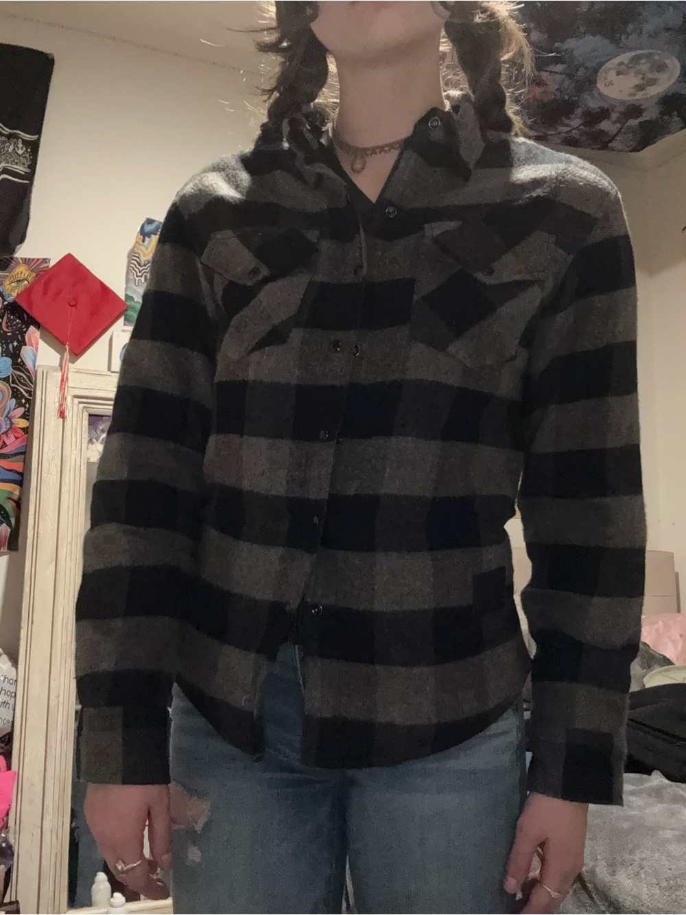 Black and grey plaid women’s riding flannel